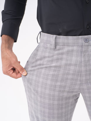 Lynx Grey Checks Slim Fit Stretch Formal Pants
