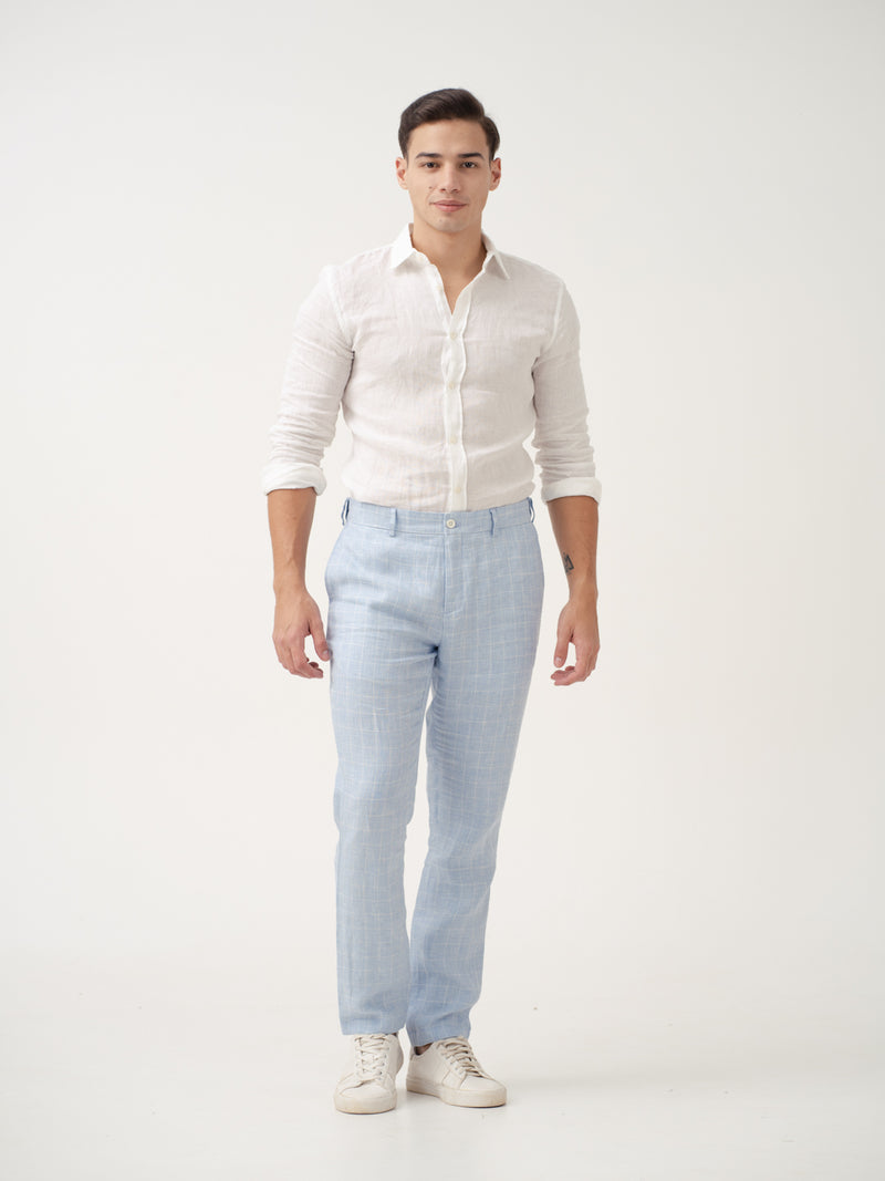 Coastal Blue Checks 100% Linen Pants