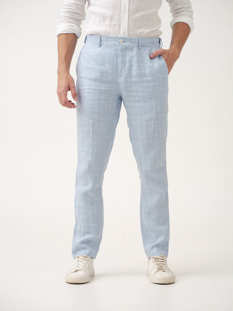 Coastal Blue Checks 100% Linen Pants