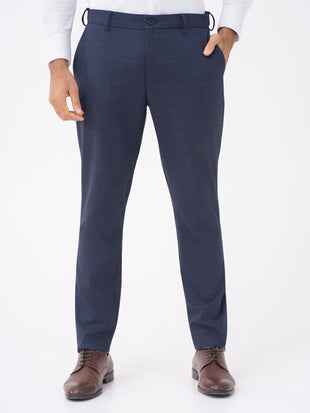 Finch Navy Checks Slim Fit Stretch Formal Pants