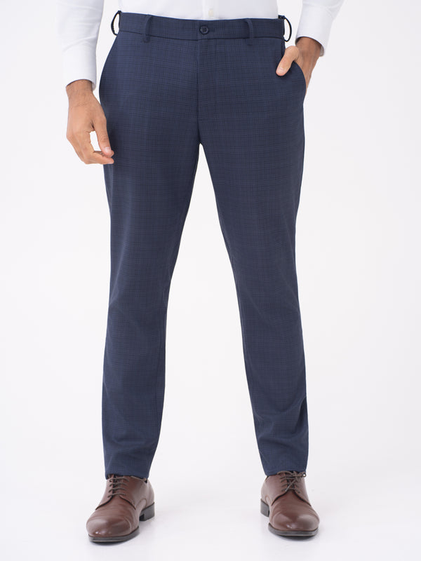 Finch Navy Checks Slim Fit Stretch Formal Pants