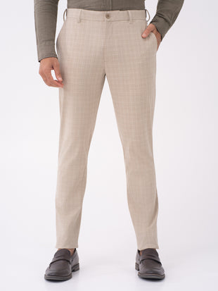 Sandpiper Beige Checks Slim Fit Stretch Formal Pants