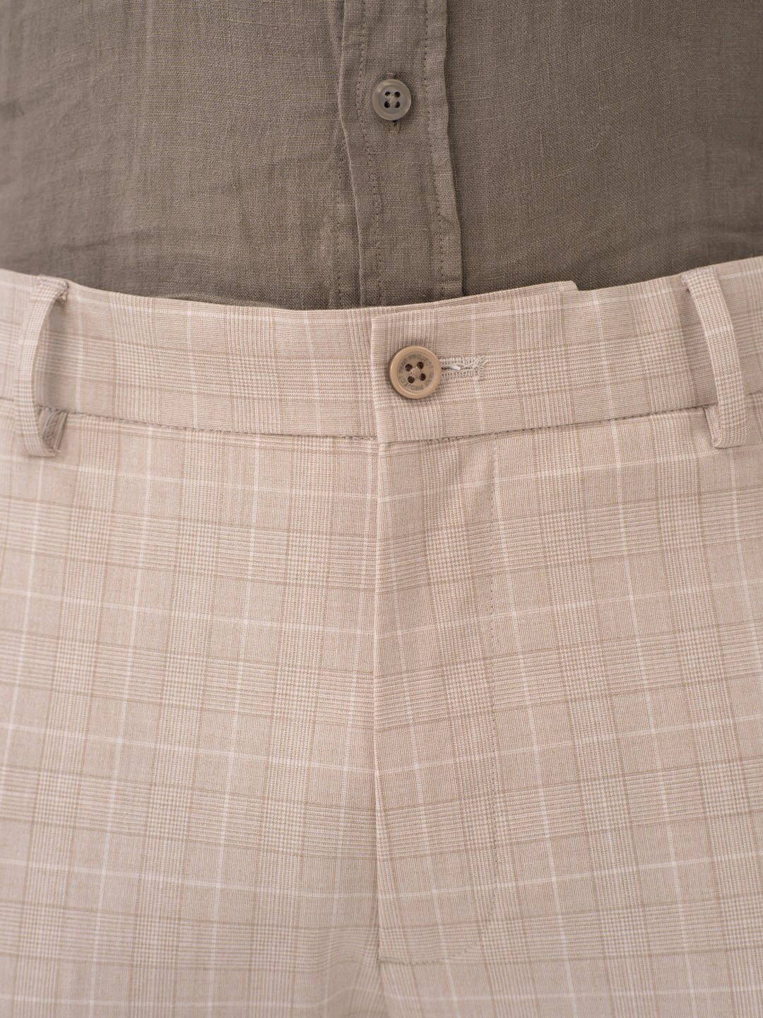 Sandpiper Beige Checks Slim Fit Stretch Formal Pants