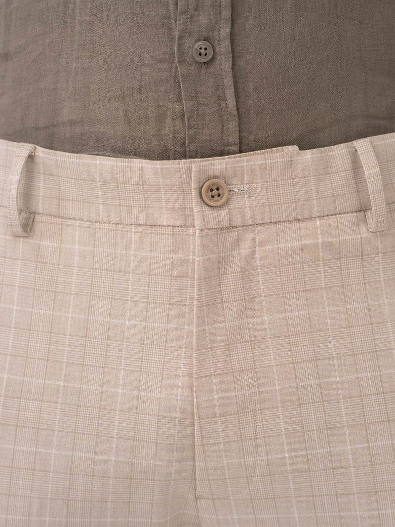 Sandpiper Beige Checks Slim Fit Stretch Formal Pants
