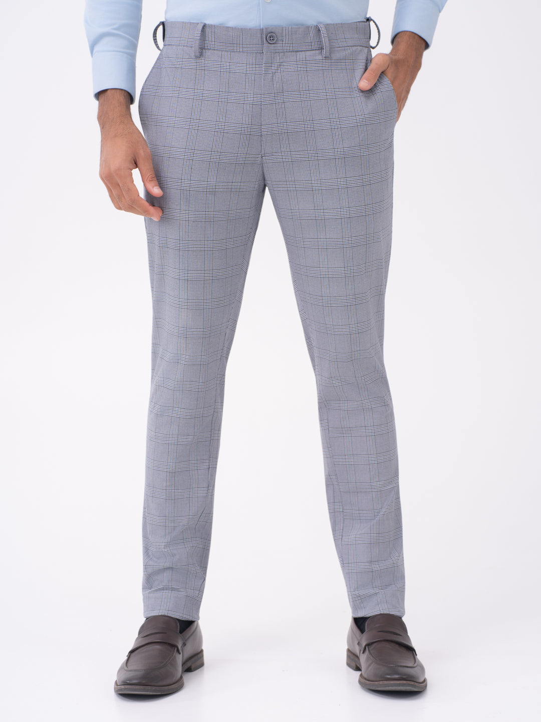 Macaw Black Blue Houndstooth Checks Slim Fit Stretch Formal Pants