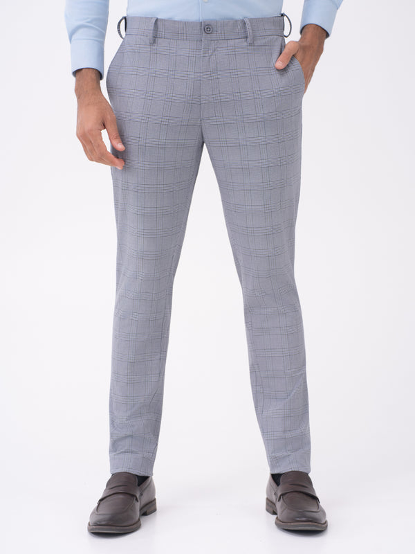 Macaw Black Blue Houndstooth Checks Slim Fit Stretch Formal Pants