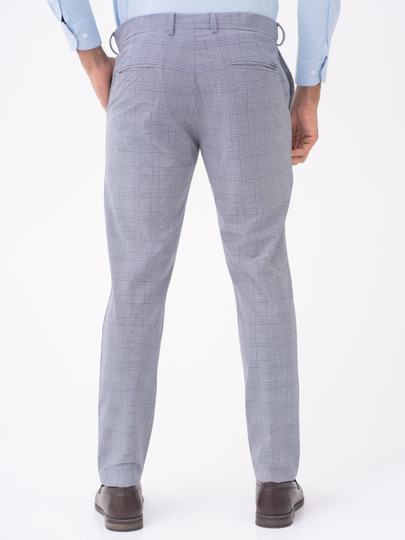 Macaw Black Blue Houndstooth Checks Slim Fit Stretch Formal Pants