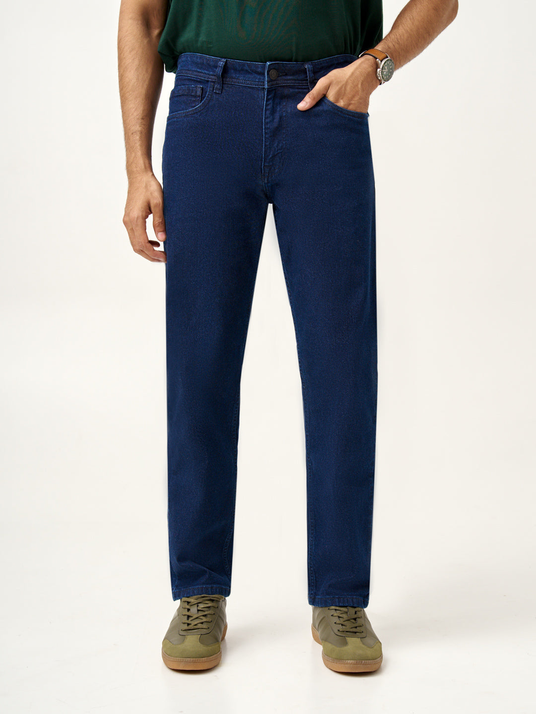 Front close view of authentic blue relaxed fit jeans at Pant Project