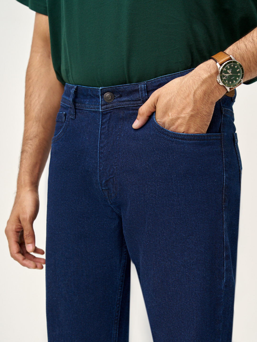 Side front view of authentic blue relaxed fit jeans at Pant Project