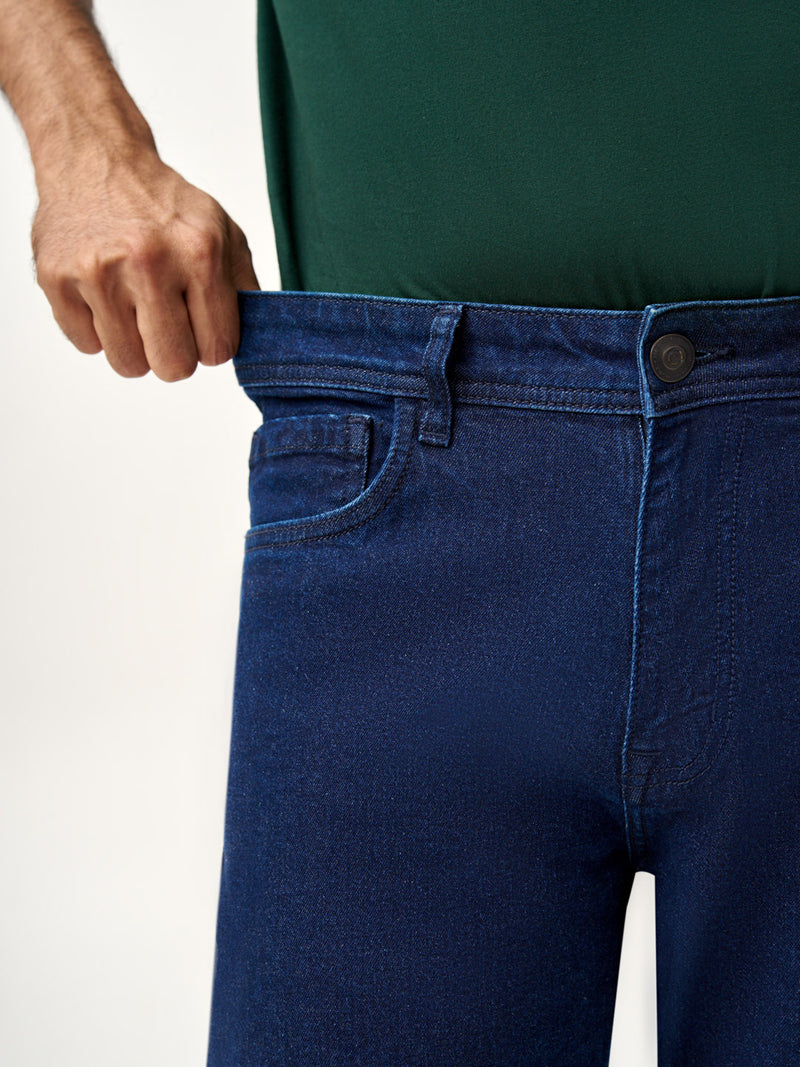 Stretch waistband close up of authentic blue relaxed fit jeans at Pant Project