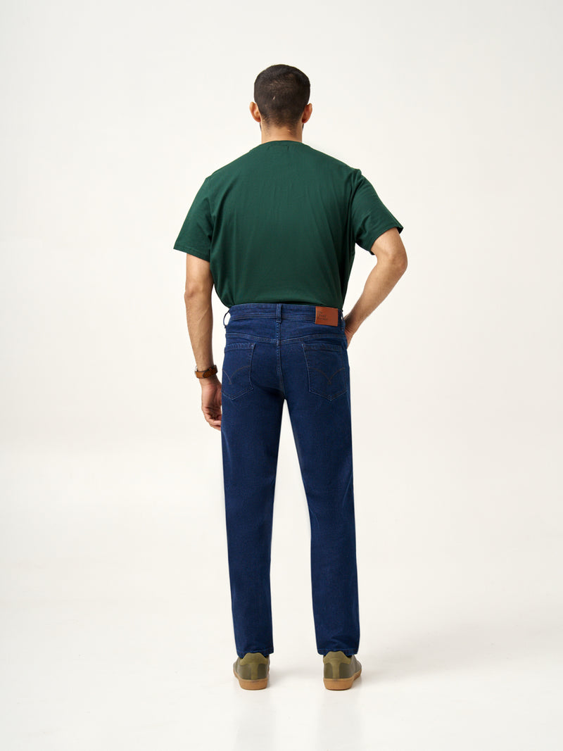 full back view of authentic blue relaxed fit jeans at Pant Project