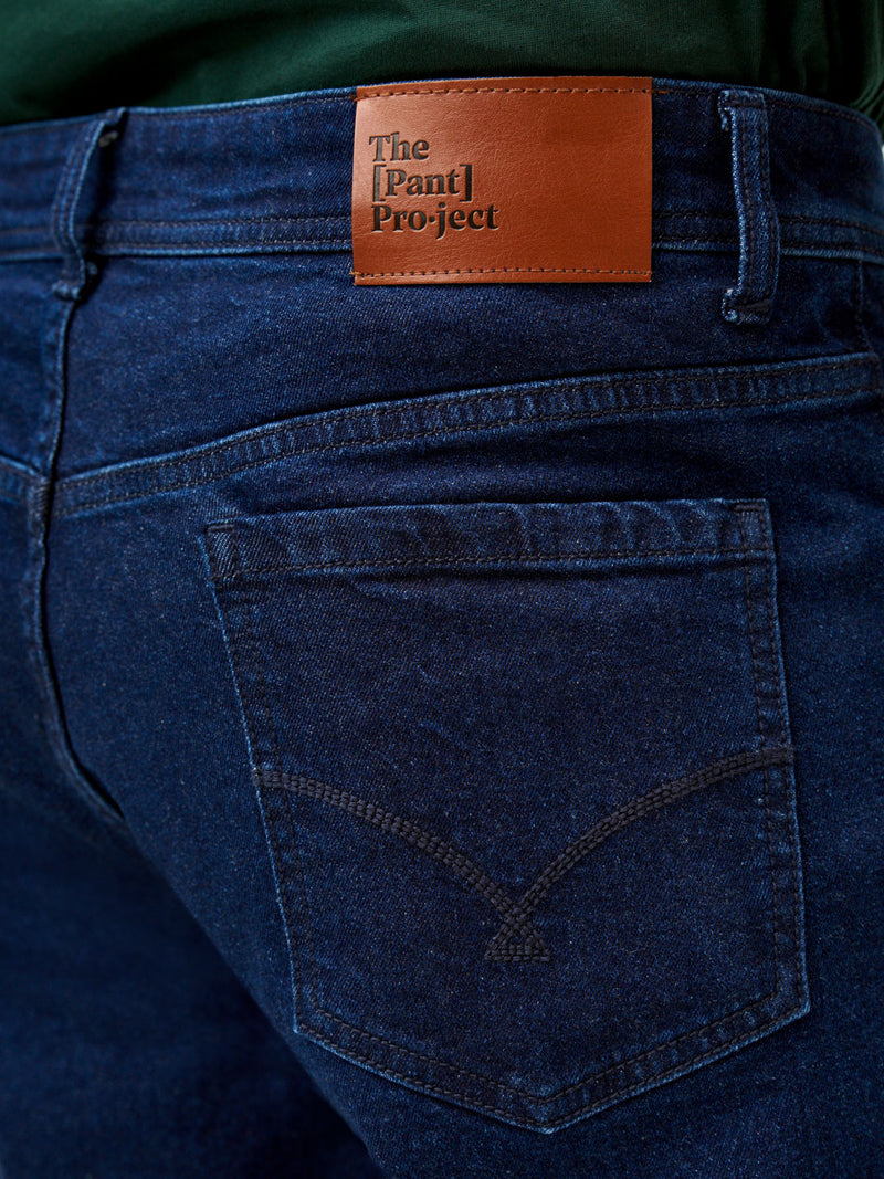 Close front view of authentic blue relaxed fit jeans at Pant Project