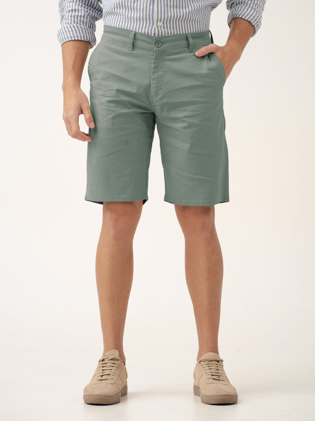 front view of green shorts by pant project with classic fit