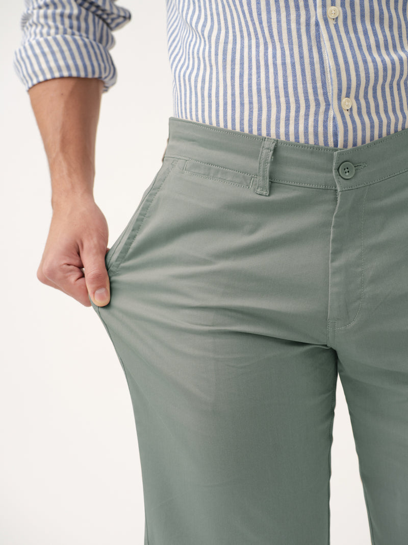 close up view of green pant by pant project with stretch fabric