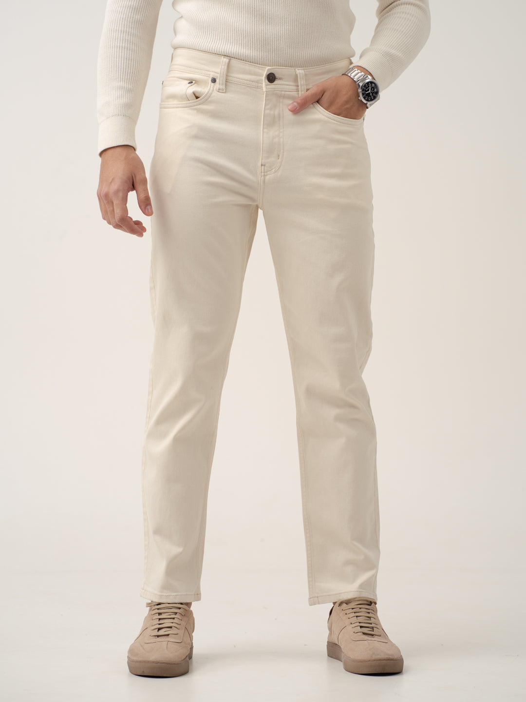 Ecru Beige Relaxed Fit Jeans