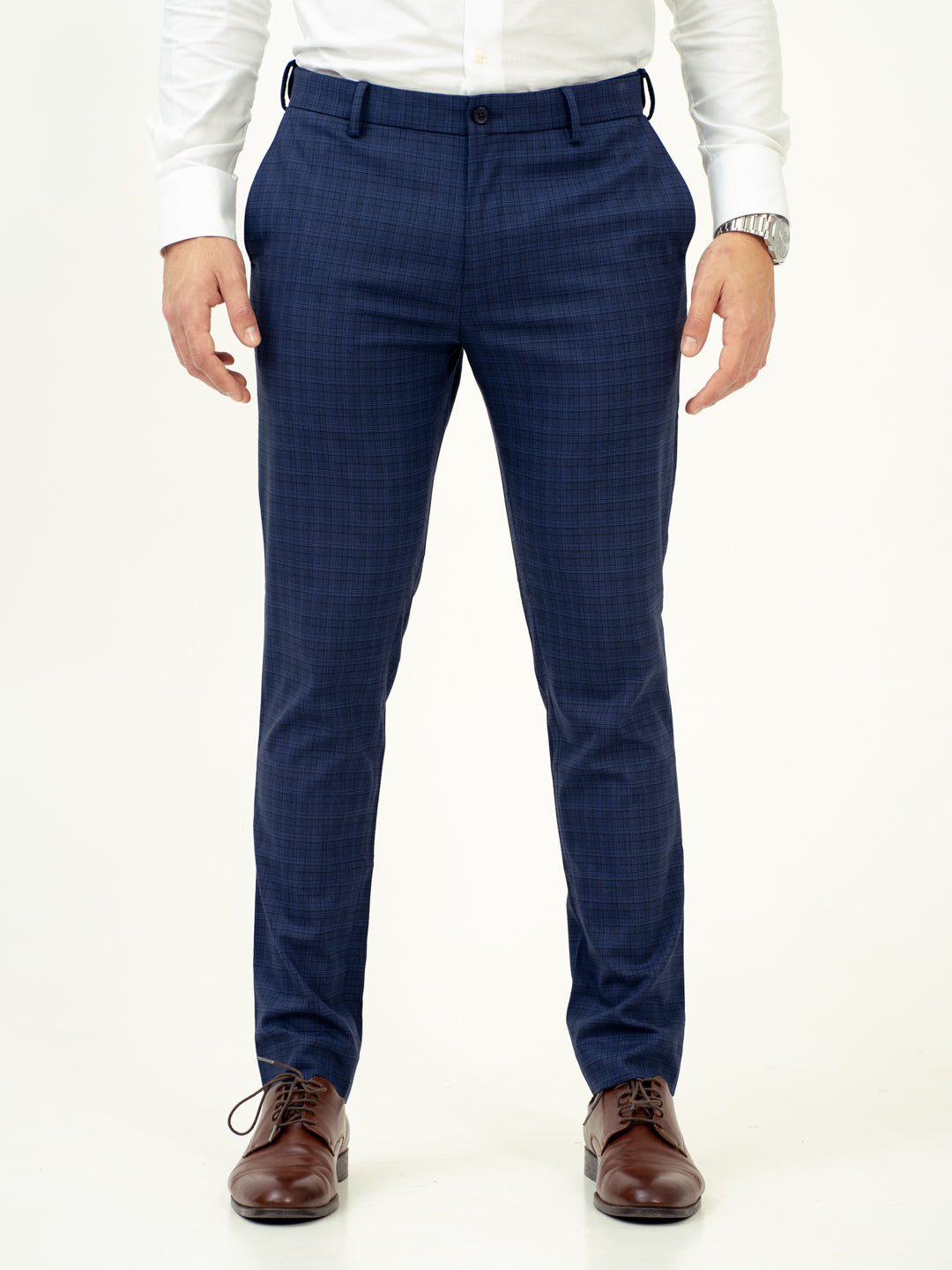 front view of blue checkered pant by pant project with classic fit