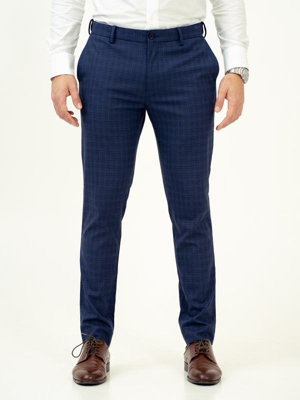 front view of blue checkered pant by pant project with classic fit