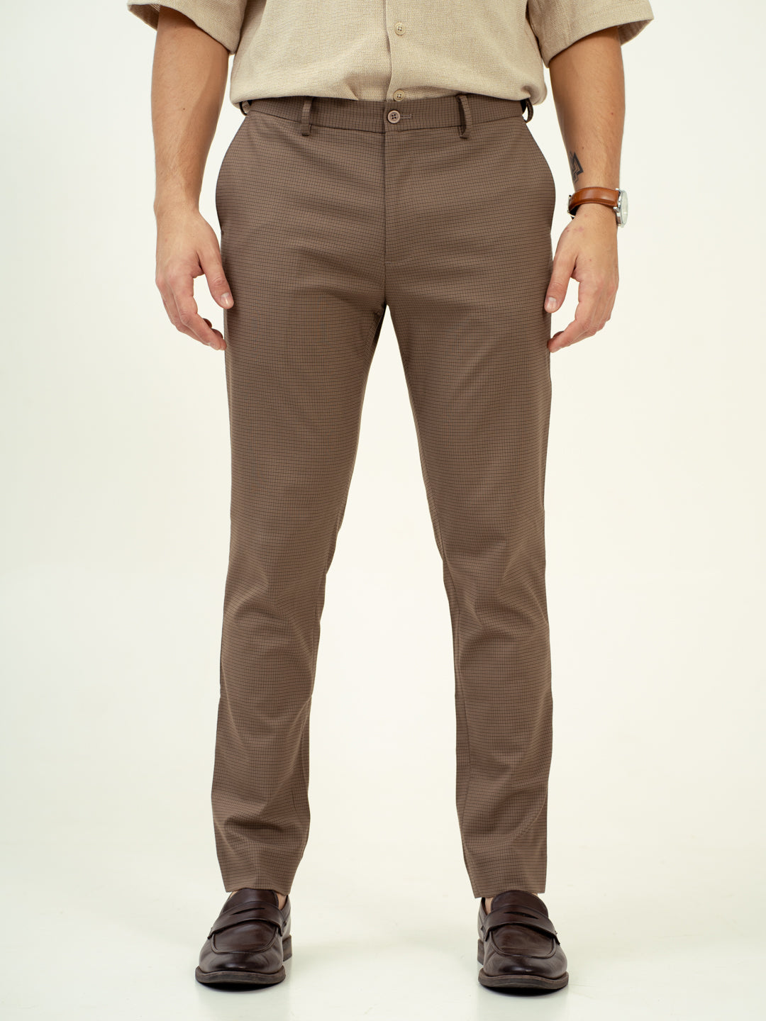 front view of umbre brown checkered pant by pant project with classic fit