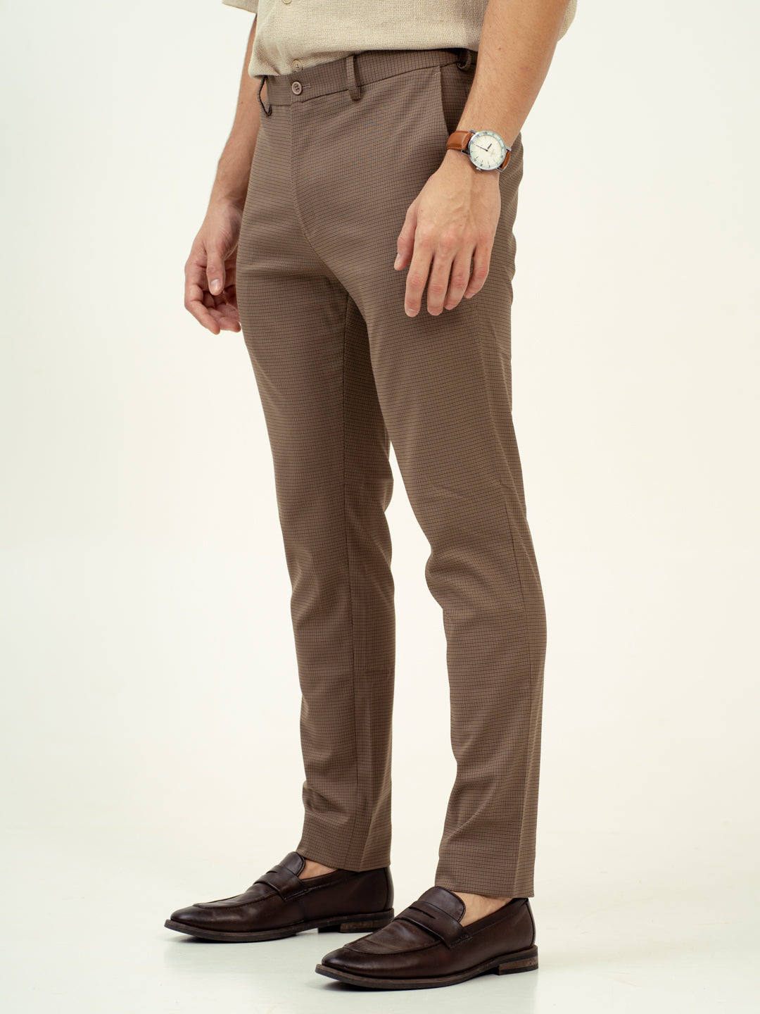 Umber Brown Micro Checks Stretch Formal Pants