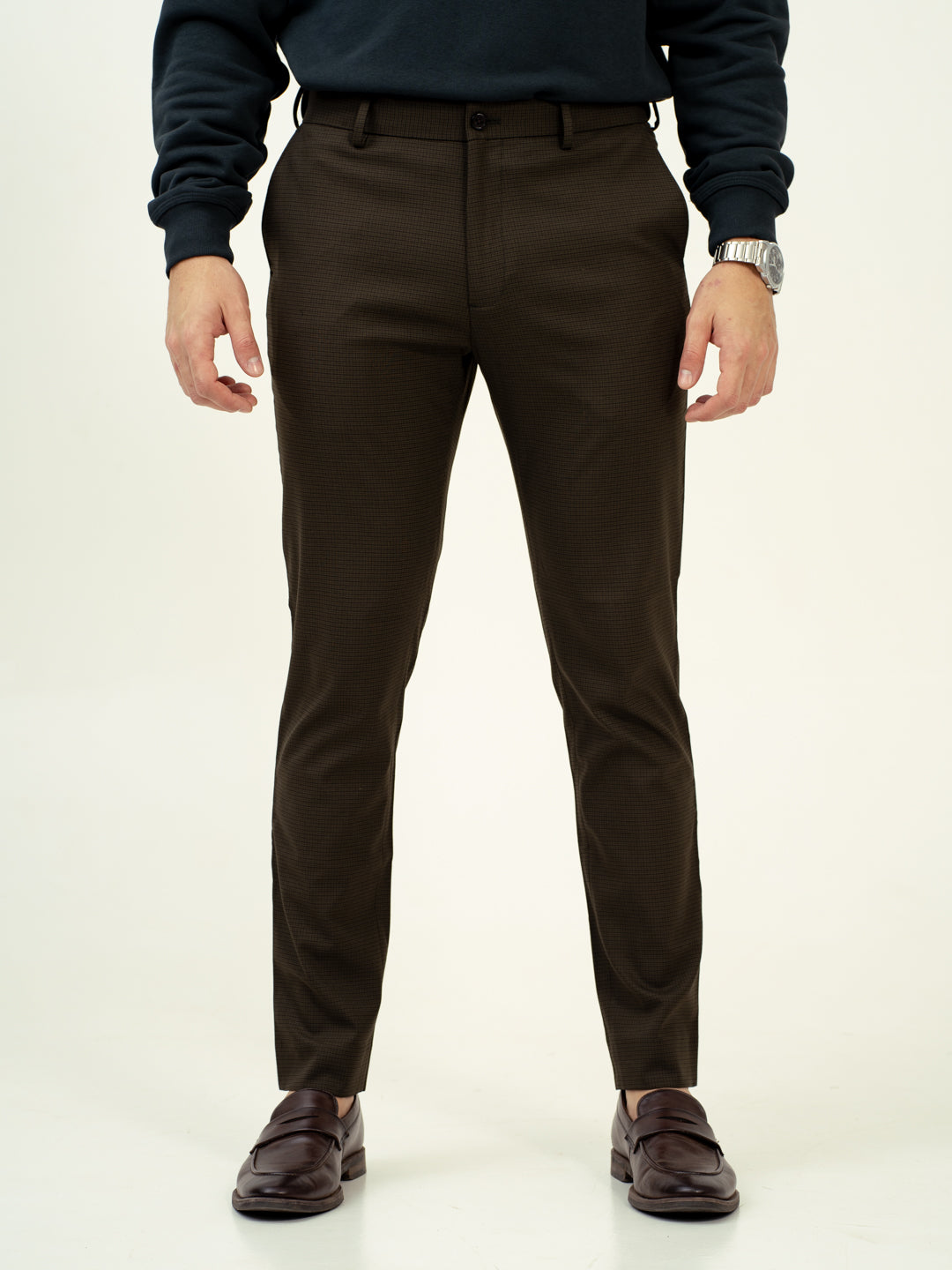 front view of harvest green checks pant by pant project featuring slim fit design