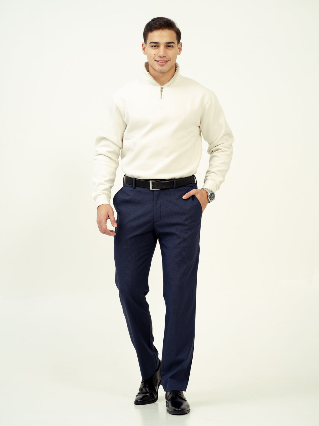 front view of navy blue pant by pant project with classic fit