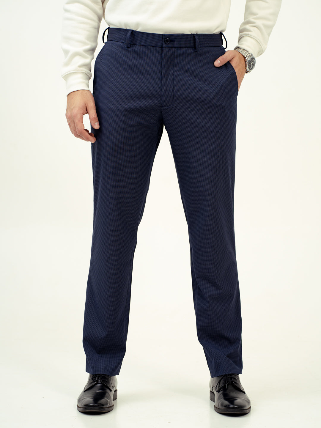 front view of navy blue pant by pant project with classic fit