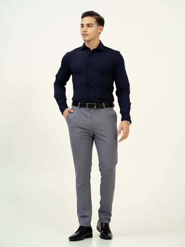 front view of gray stripe pant by pant project featuring a tailored fit