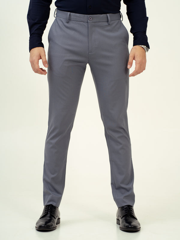 front view of mist gray stripe pant by pant project with tailored fit