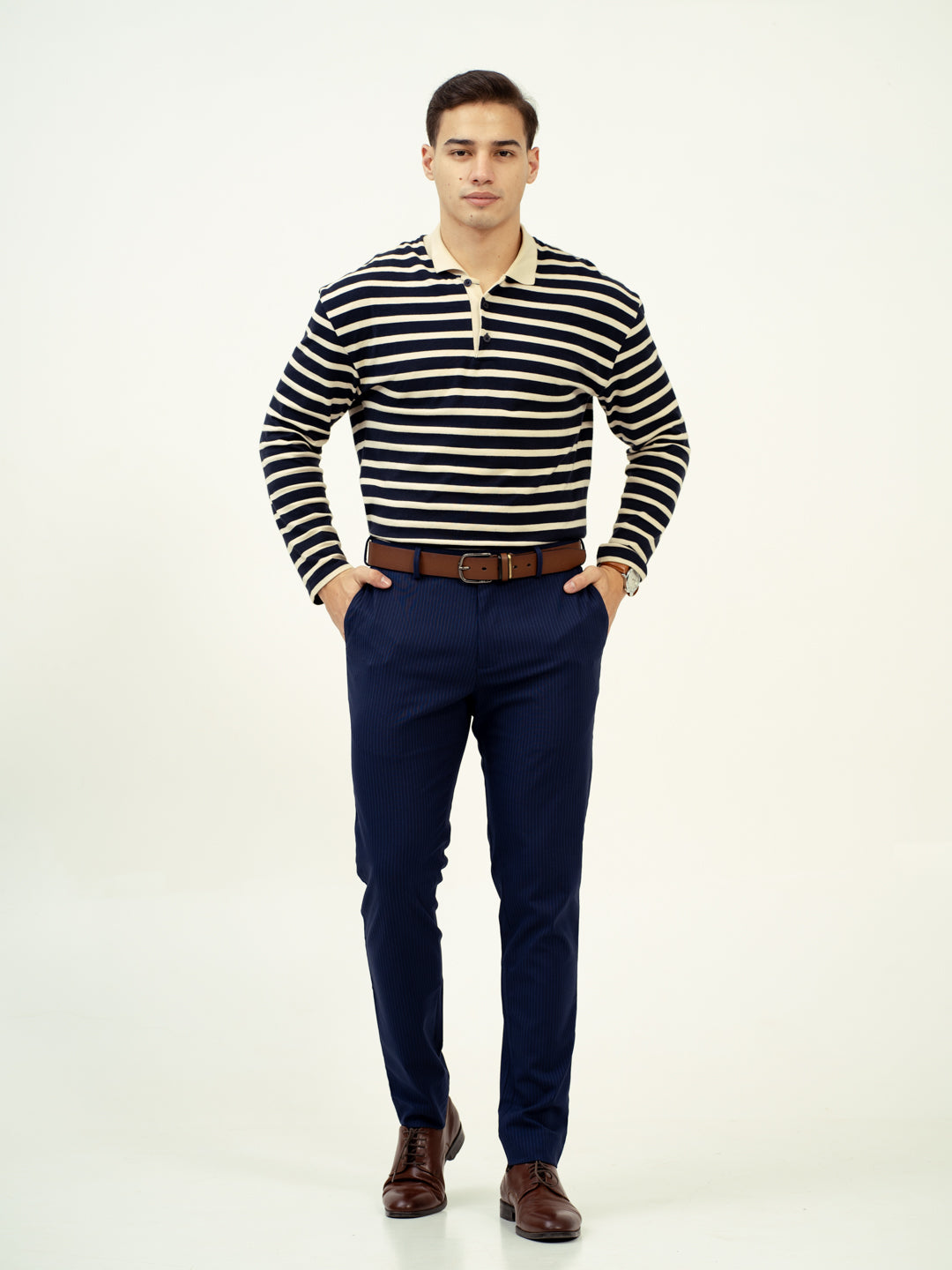 front view of navy blue pant by pant project with classic fit