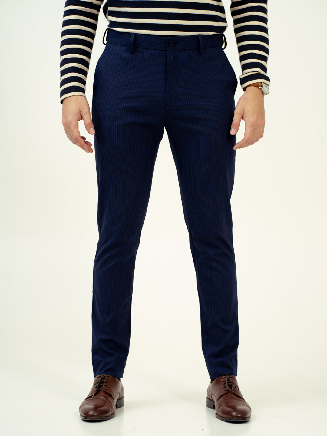 front view of navy pinstripe pant by pant project with classic fit