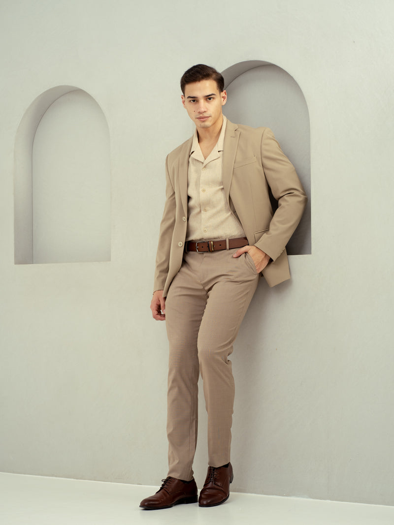 front view of tiramisu beige wool jacket by pant project with stylish design