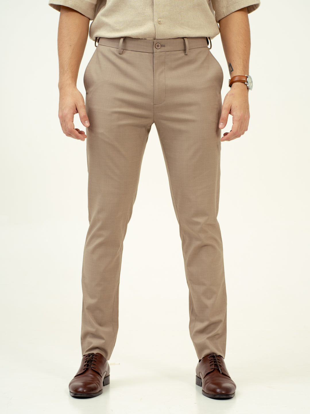 front view of tiramisu beige pants by pant project, featuring slim fit design