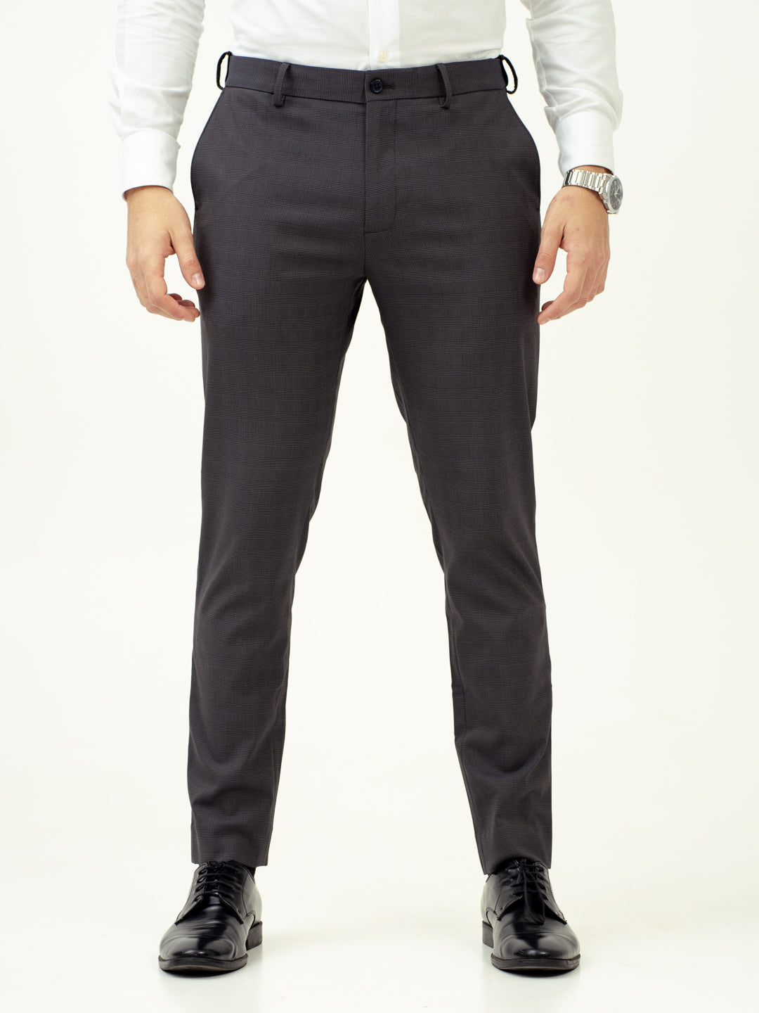 front view of molten grey check pants by pant project featuring tailored fit