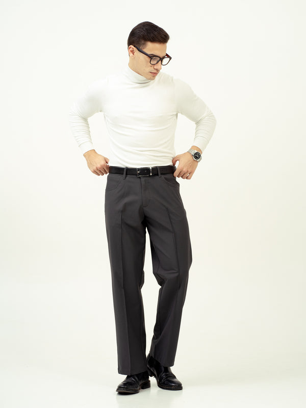 full view of gray pintuck pants by Pant Project with a tailored fit