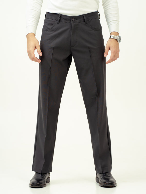 front view of gray pintuck pants by pant project with classic fit