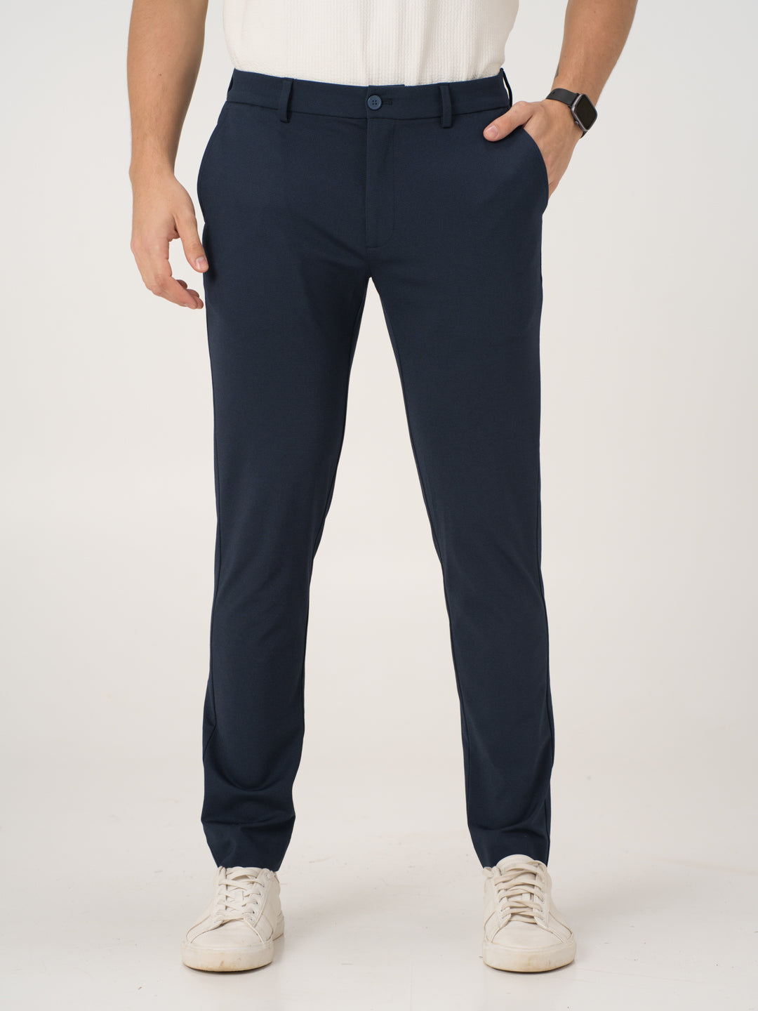 Front view of navy blue stretchable trousers by pant project, focusing on the tailored fit and straight-leg design