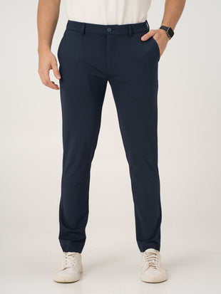 Front view of navy blue stretchable trousers by pant project, focusing on the tailored fit and straight-leg design