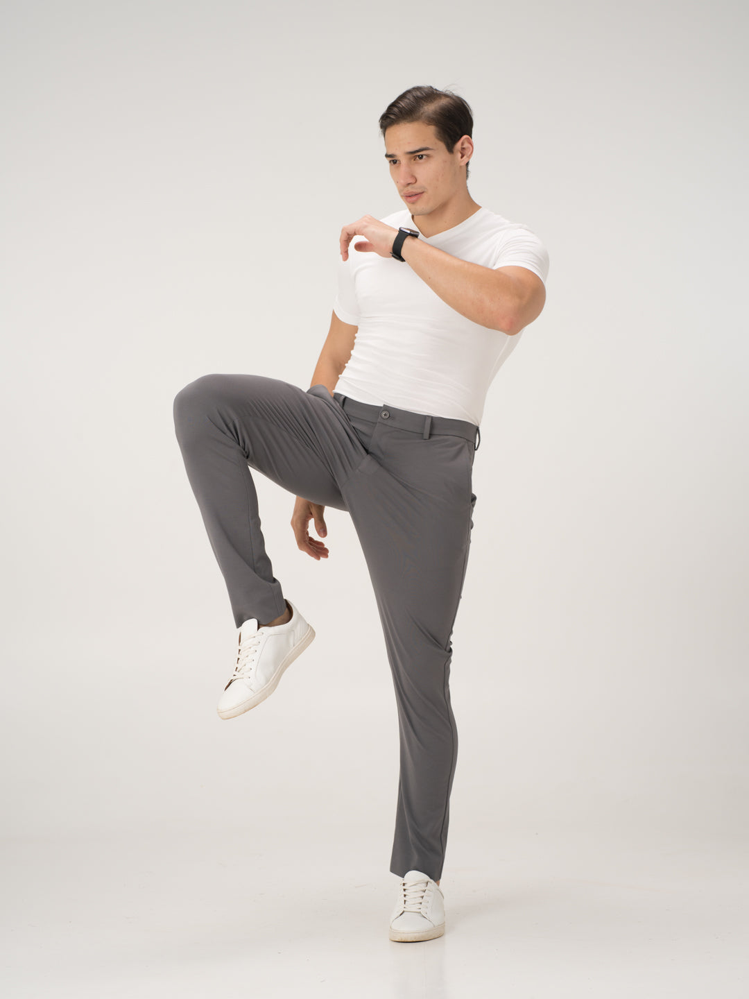 Pant Project grey stretchable trousers in motion front view