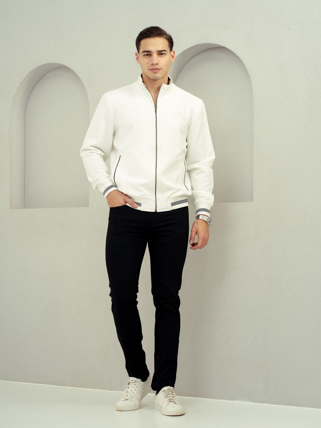 front view of black jeans by pant project with slim fit