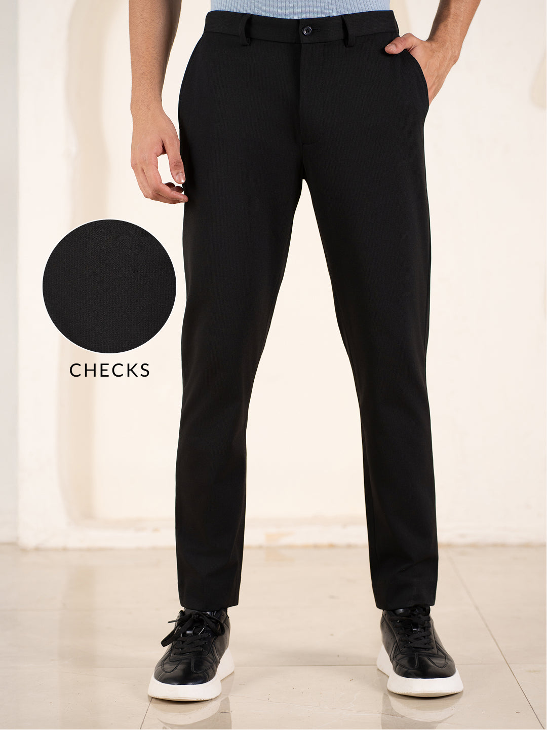 Distant Black Houndstooth Slim Fit Power Stretch Pants
