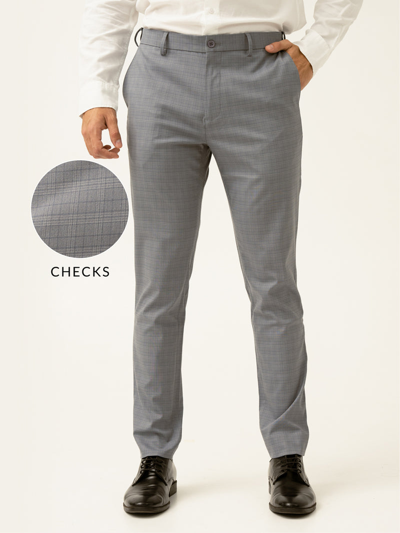 Dolphin Grey Checks Slim Fit Stretch Formal Pant