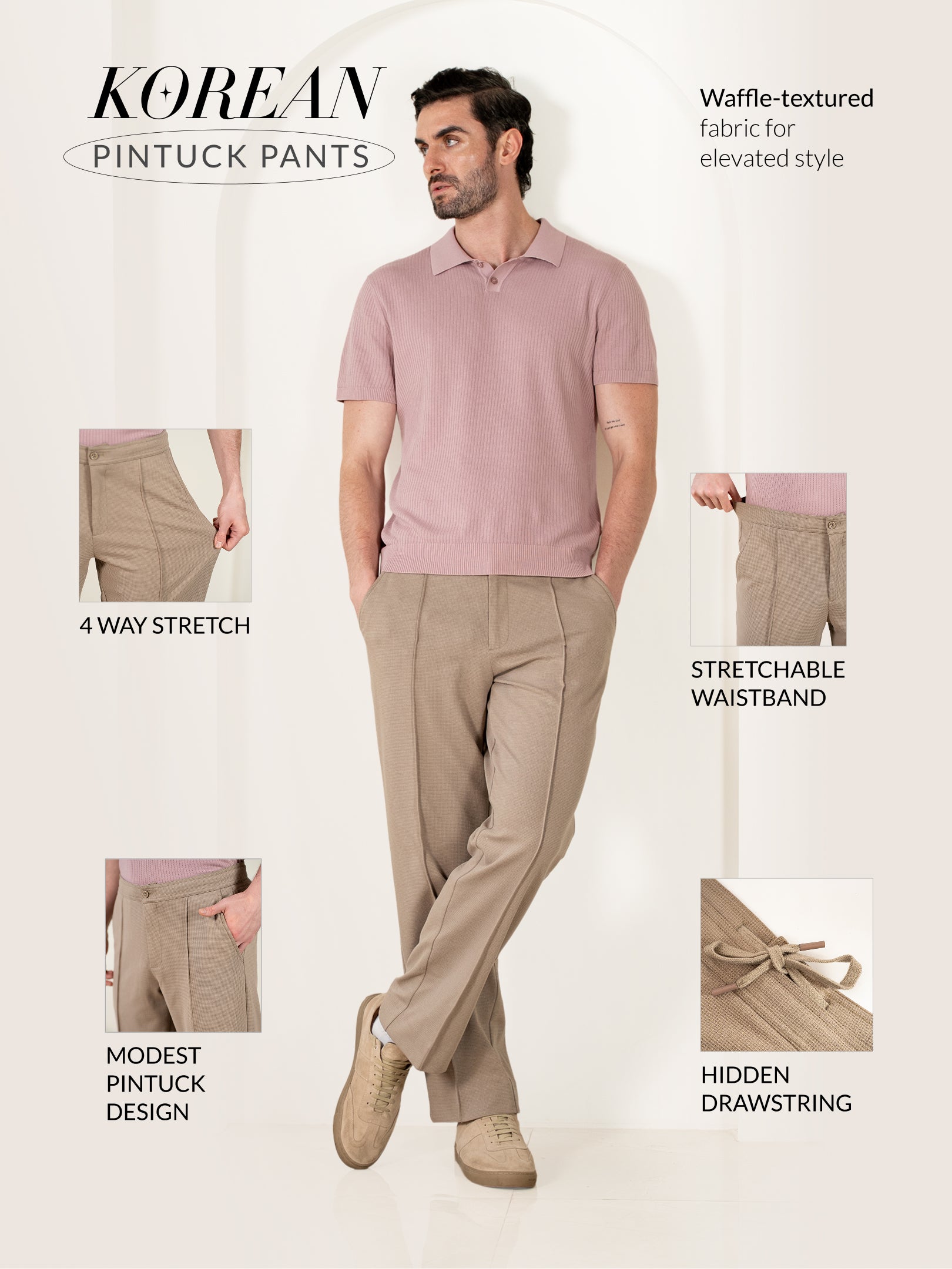 Dunara Beige Relaxed Fit Power-Stretch Korean Pintuck Pants