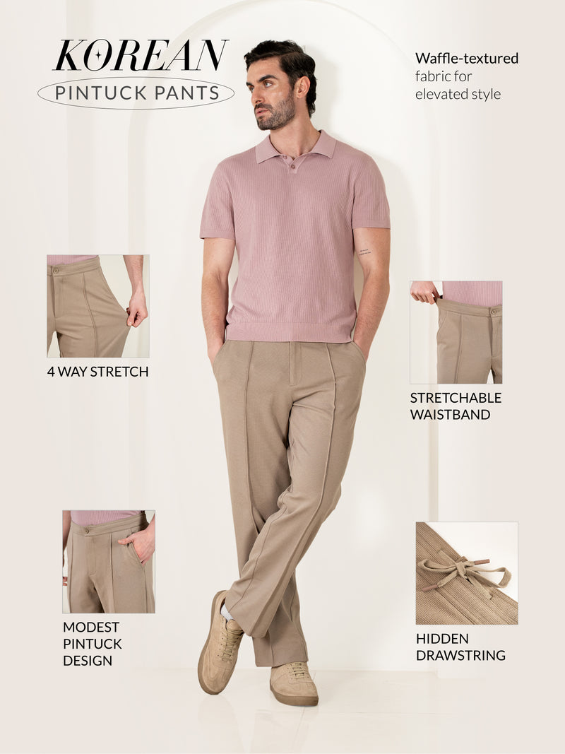 Dunara Beige Relaxed Fit Power-Stretch Korean Pintuck Pants