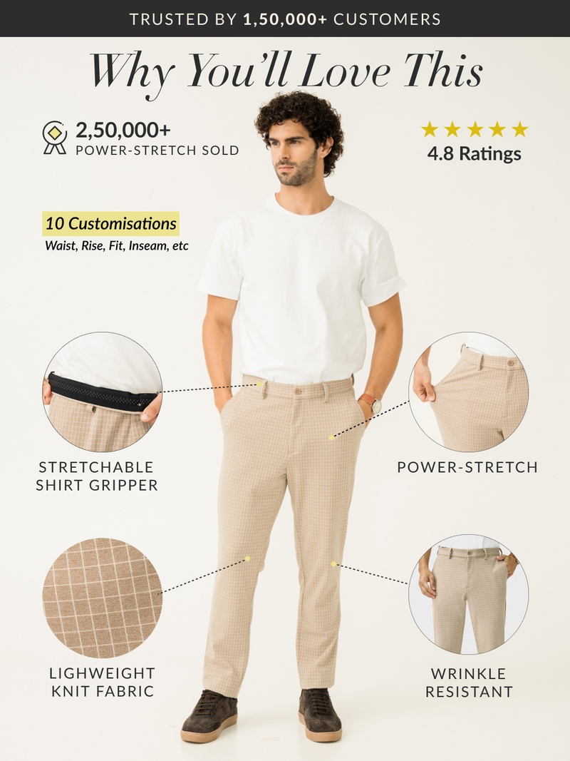 Dune Khaki Checks Power-Stretch Pants