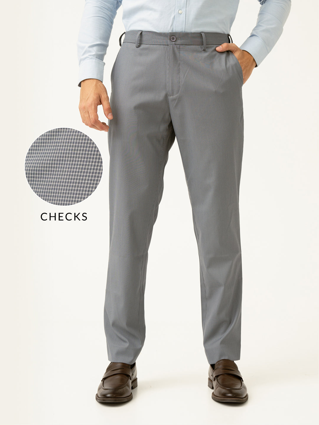 Elephant Grey Mini Checks Relaxed Fit Stretch Formal Pants