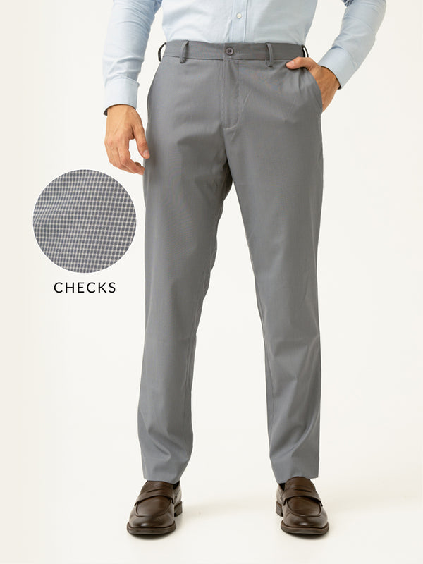 Elephant Grey Mini Checks Relaxed Fit Stretch Formal Pants