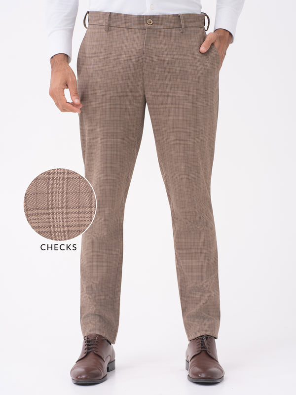 Elk Brown Checks Slim Fit Stretch Formal Pants