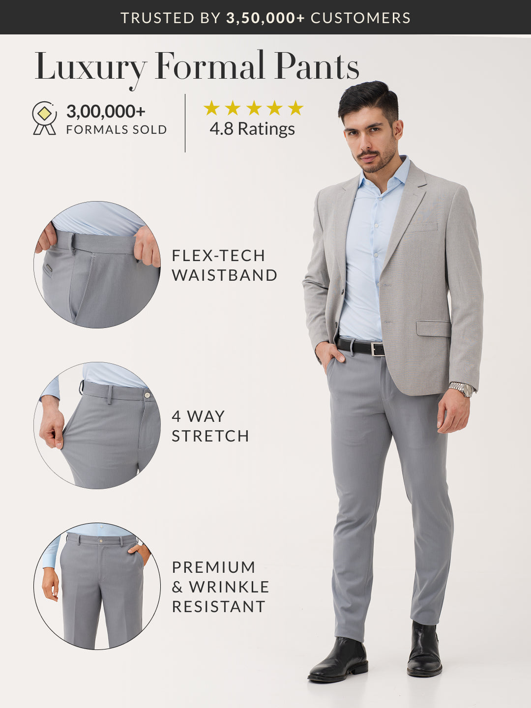 Equinox Grey Luxury Twill Relaxed Fit Stretch Formal Pants