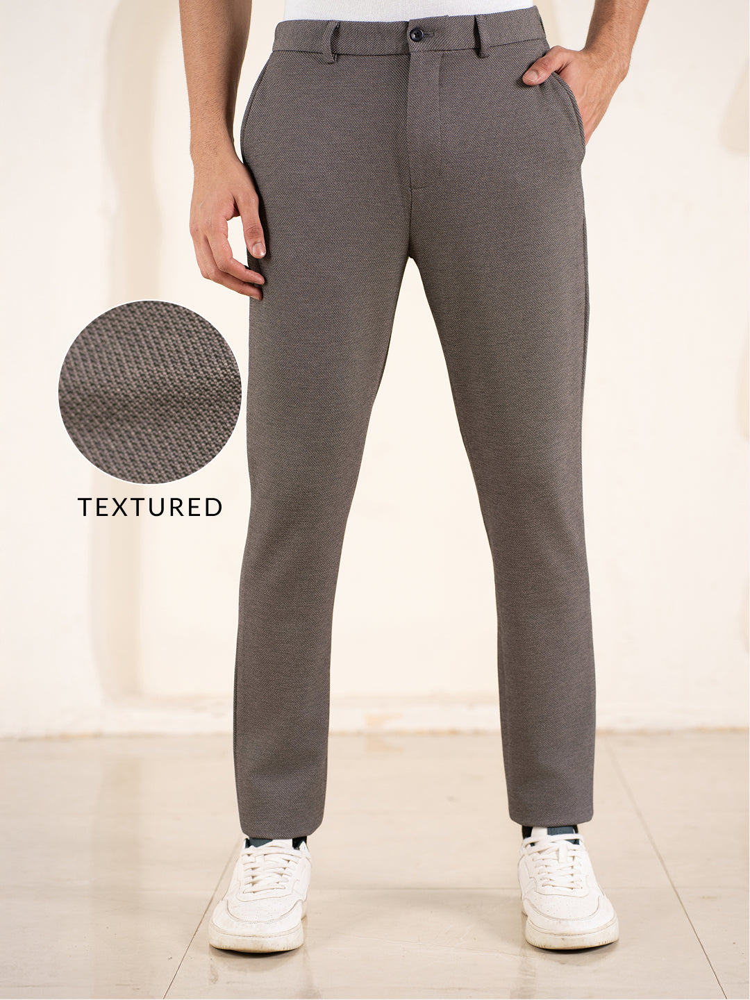 Geometry Beige Textured Slim Fit Power Stretch Pants
