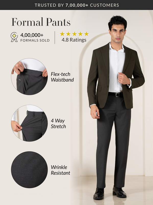 Grand Grey Melange Relaxed Fit Stretch Formal Pants